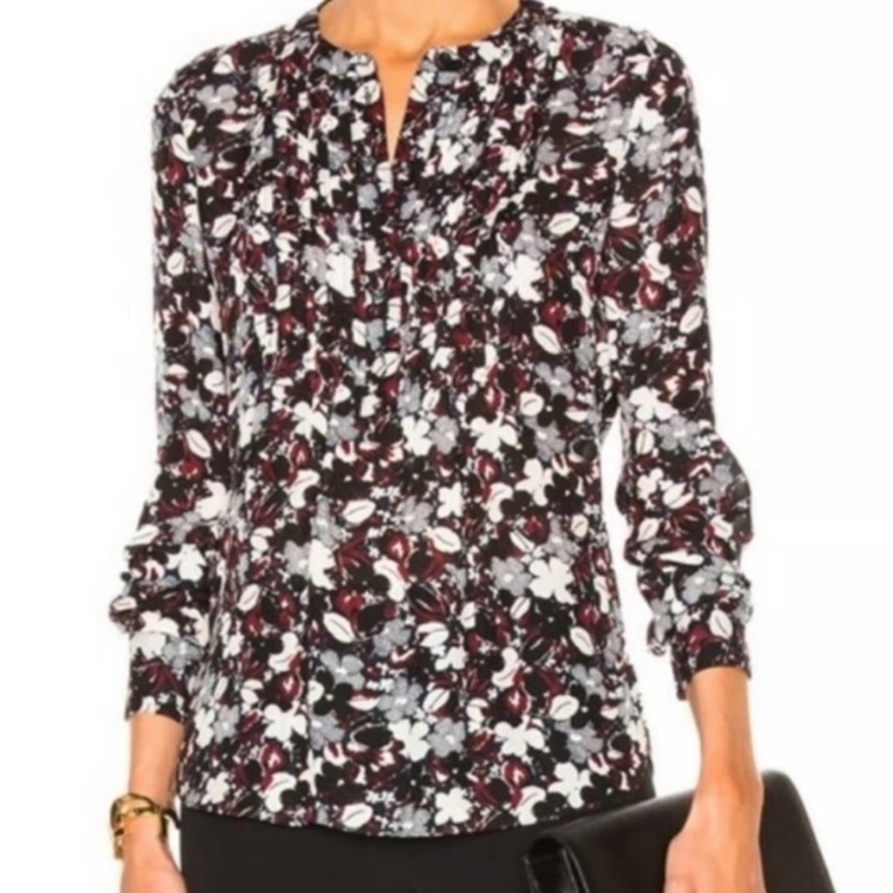 Veronica Beard Goldie Pintuck Tux Floral Silk Blouse In Multicolor Sz 4 Classic
